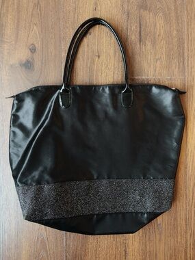 Oversized Black Glitter Tote Bag Large Zipped Shoulder Bag for Travel Gym Beach